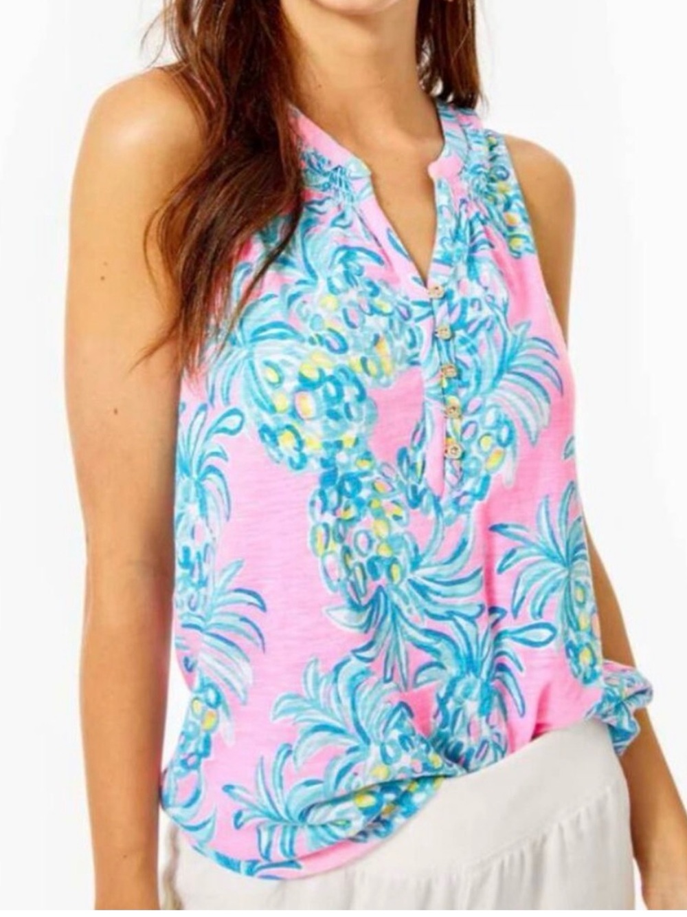 💕EUC Lilly Pulitzer Pink Pineapple-Print Sleeveless Henley Top